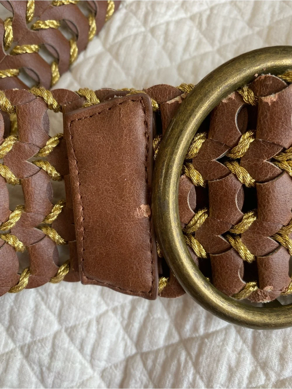 Festival Boho Hippie Wide Woven Braided Brown Faux Leather Gold Belt Small 32”